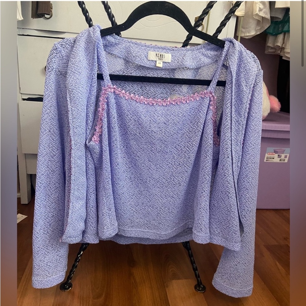 Vintage Matching Purple with Floral Appliqués Cami and Cardigan